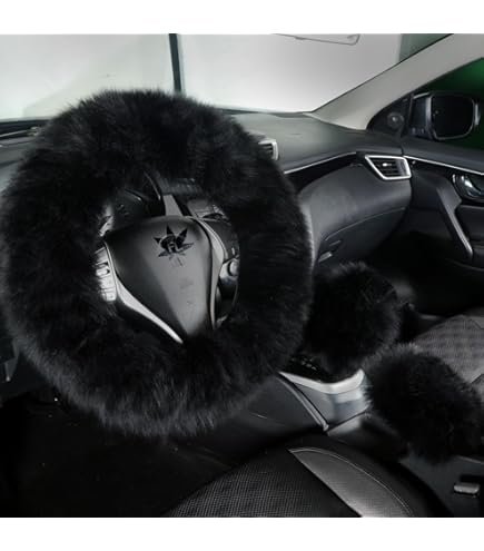 3pcs Wool Fur Soft Furry Steering Covers - Black Steering cover